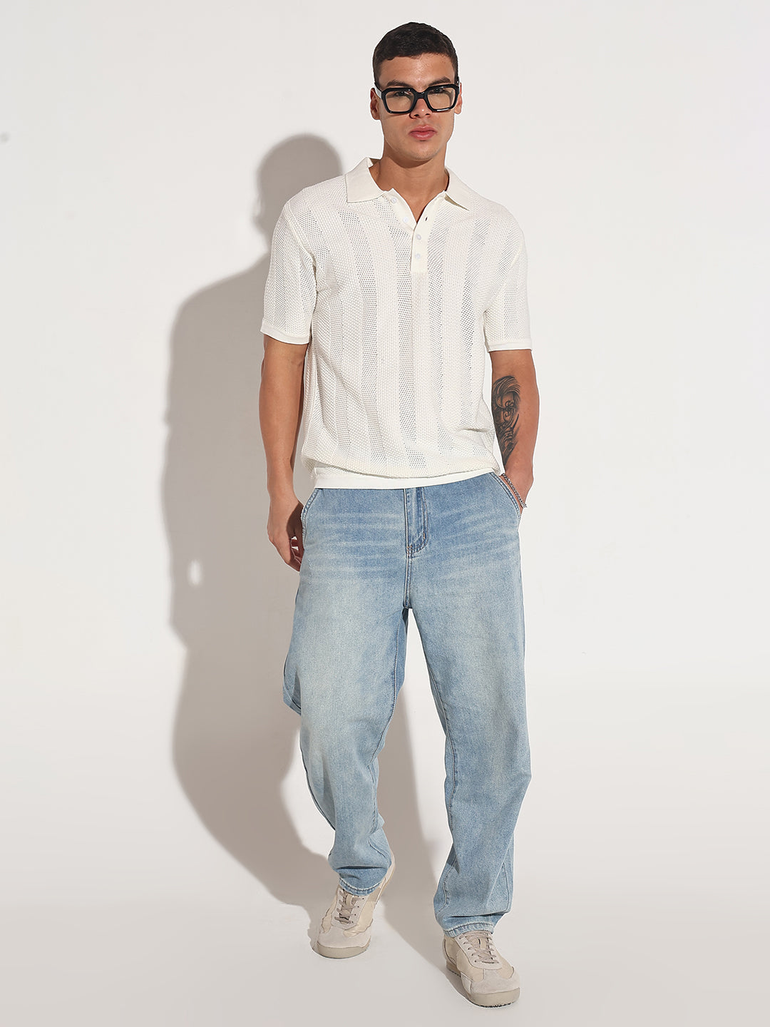 Men's Textured Striped White Knitted Short Sleeve Polo T-Shirt