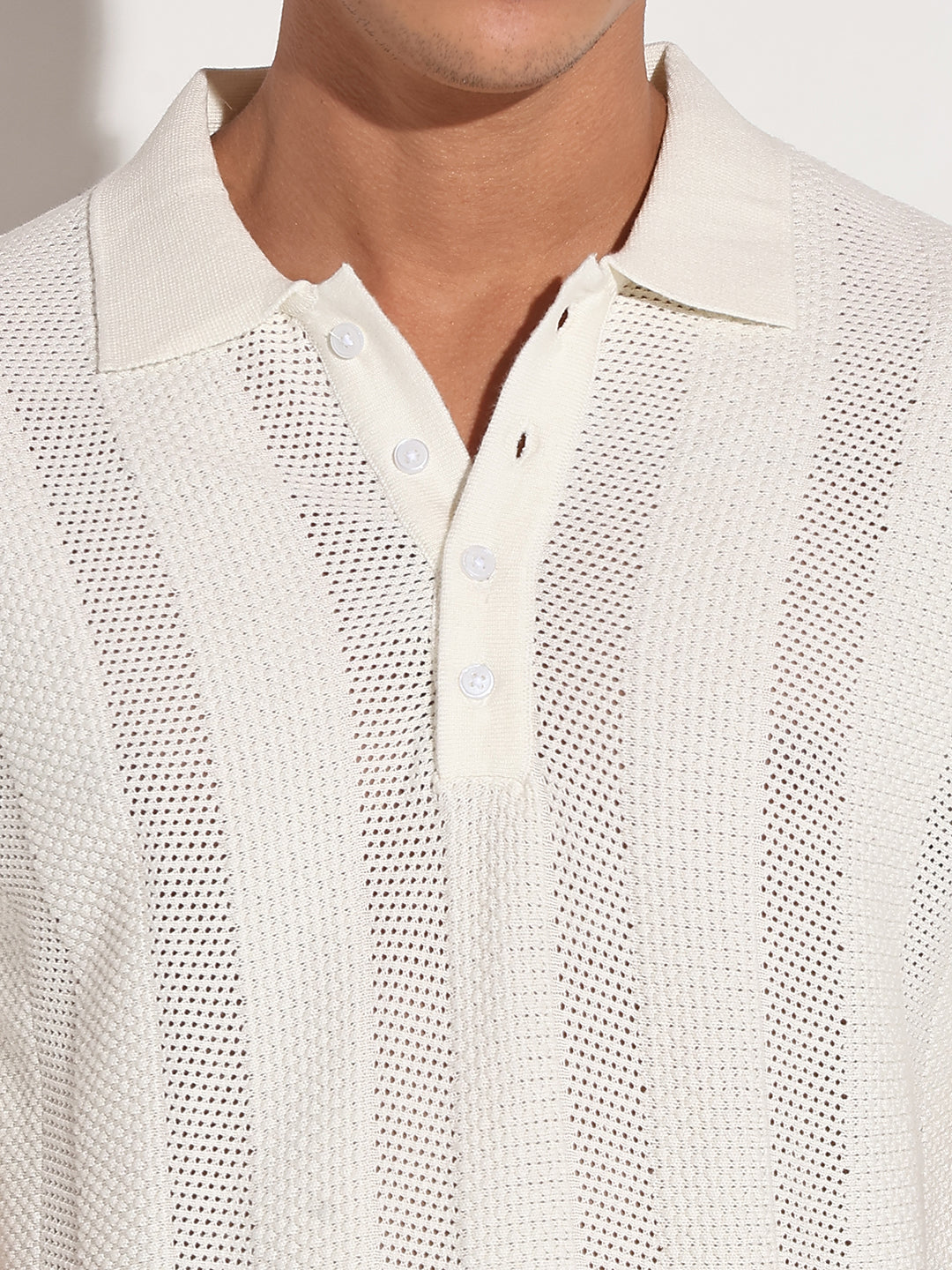Men's Textured Striped White Knitted Short Sleeve Polo T-Shirt