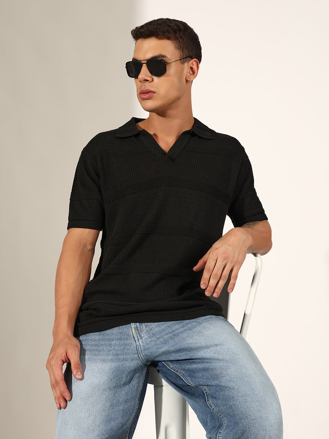 Men's Textured Striped Black Knitted Polo T-Shirt