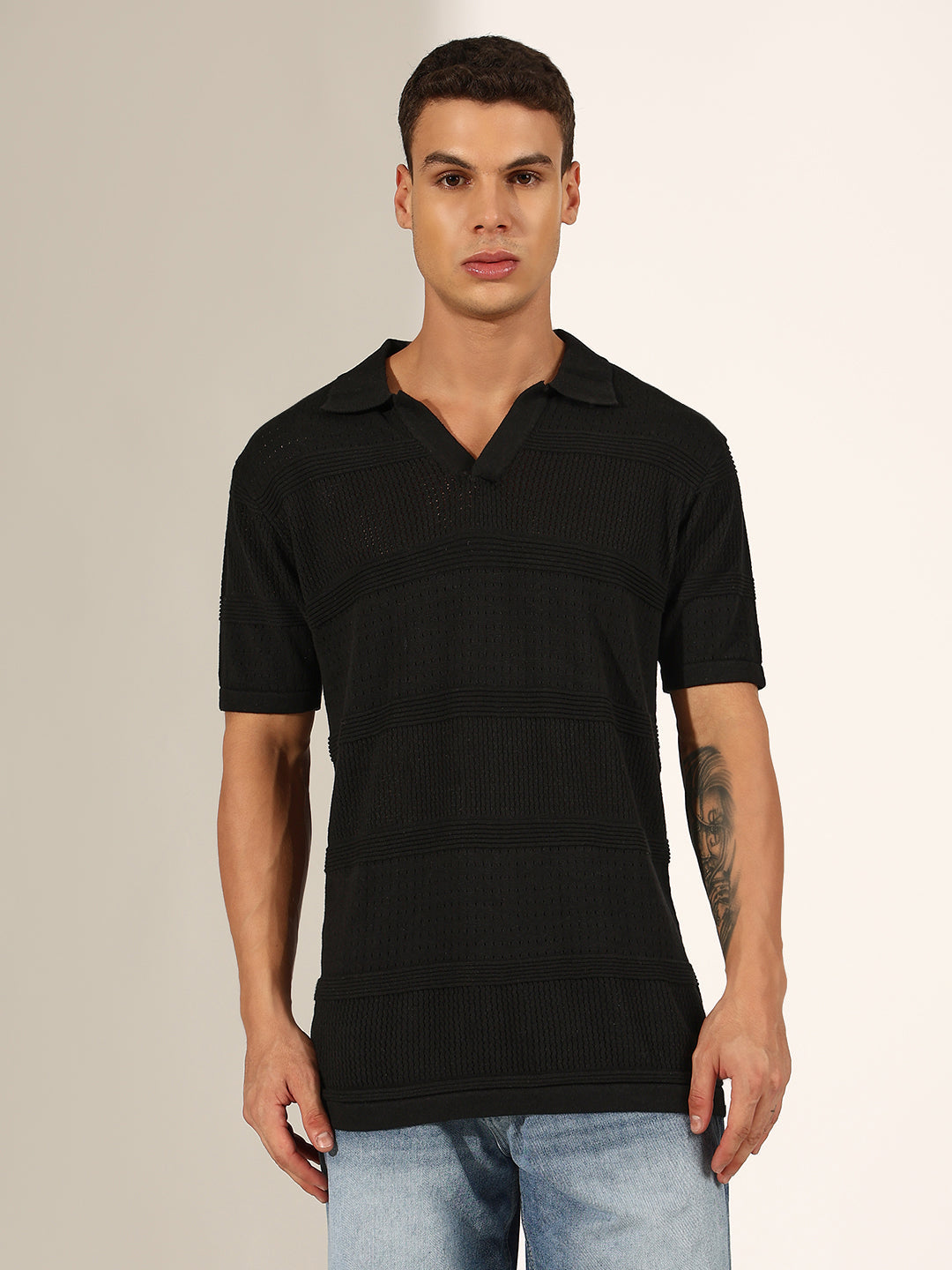 Men's Textured Striped Black Knitted Polo T-Shirt