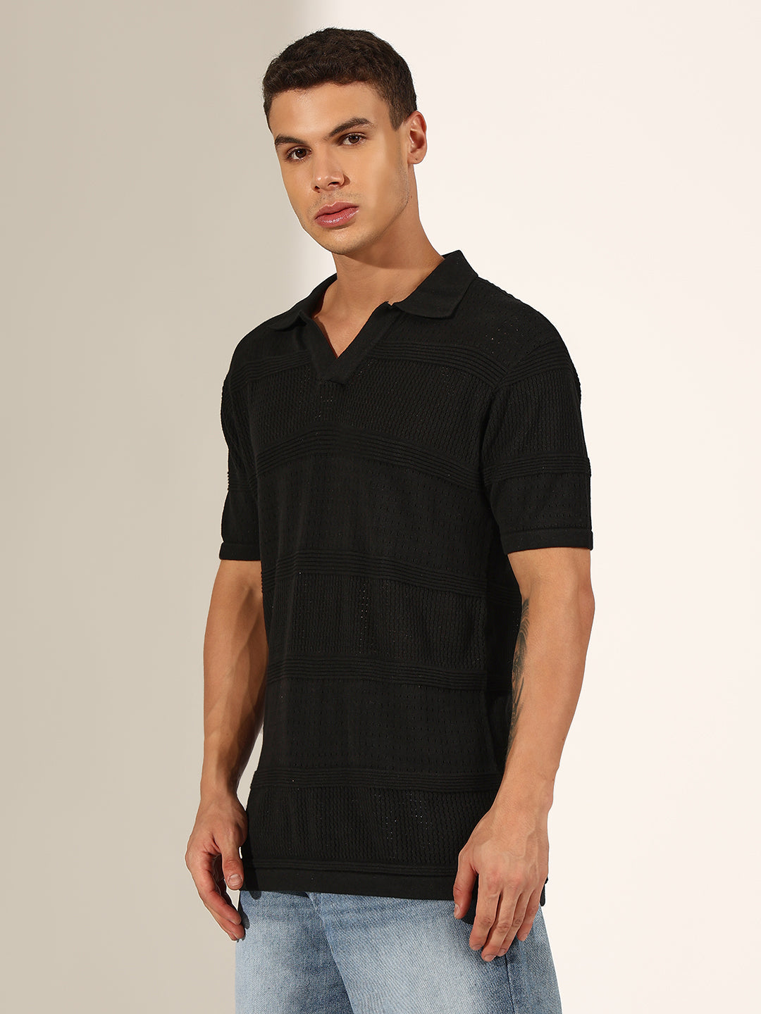 Men's Textured Striped Black Knitted Polo T-Shirt