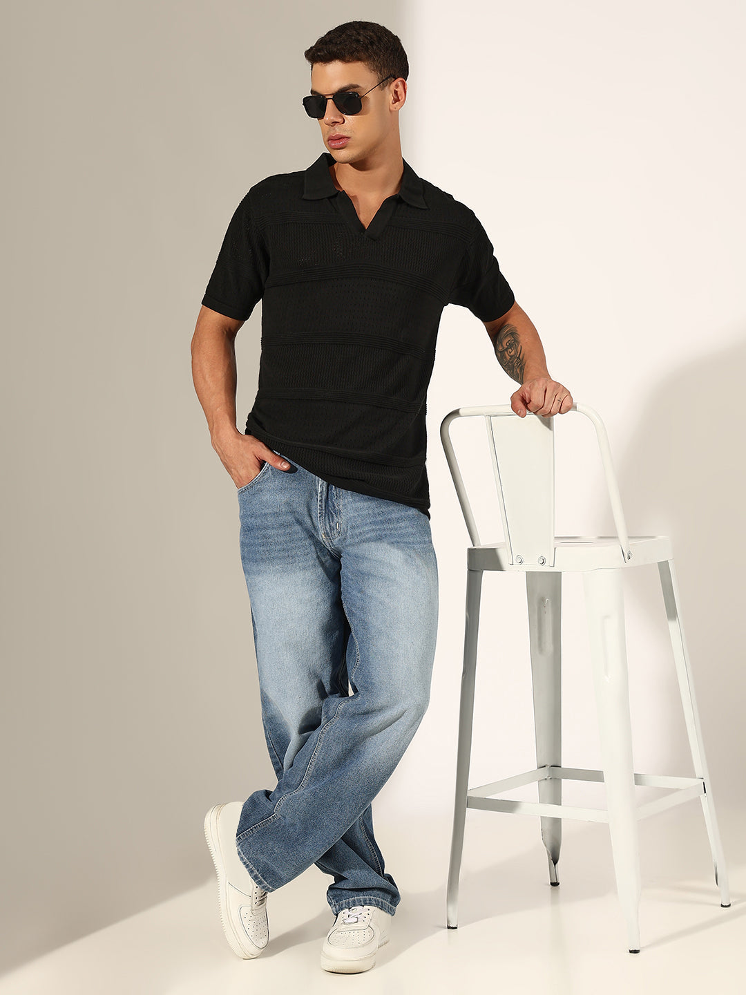 Men's Textured Striped Black Knitted Polo T-Shirt