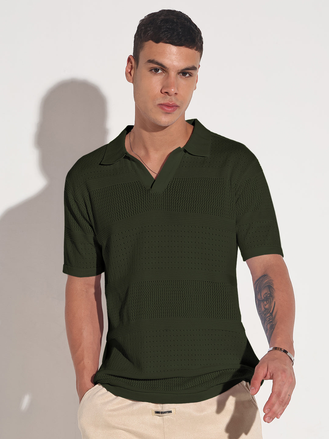 Men’s Textured Striped Green Knitted Short Sleeve Polo T-Shirt