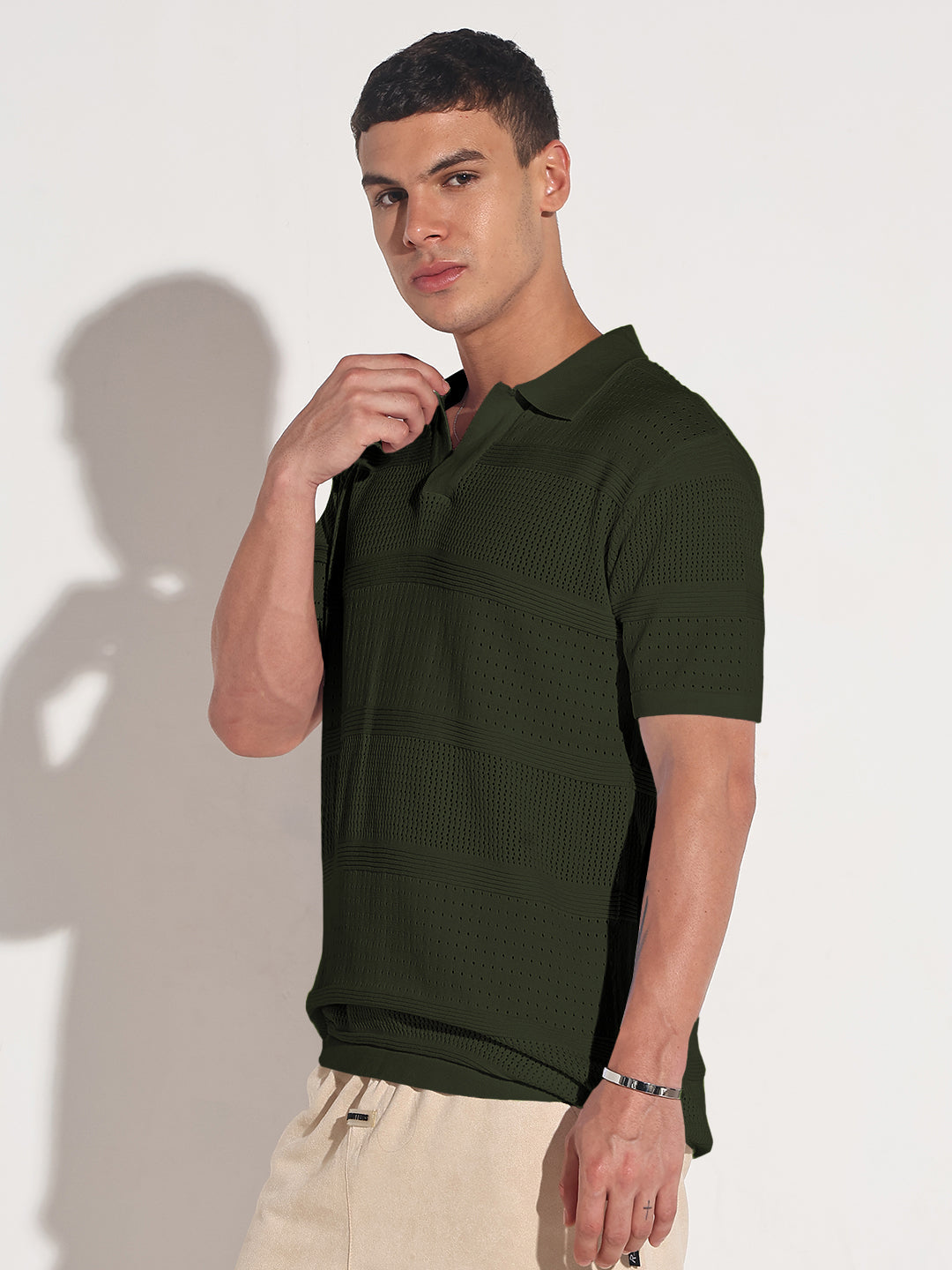 Men’s Textured Striped Green Knitted Short Sleeve Polo T-Shirt