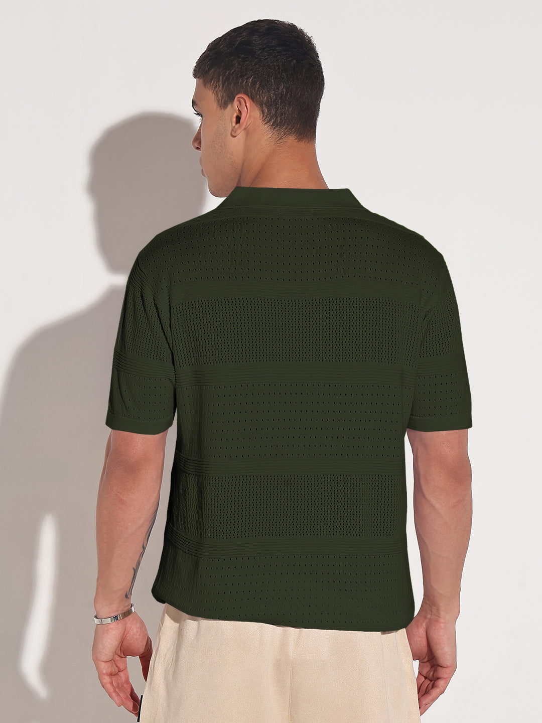 Men’s Textured Striped Green Knitted Short Sleeve Polo T-Shirt