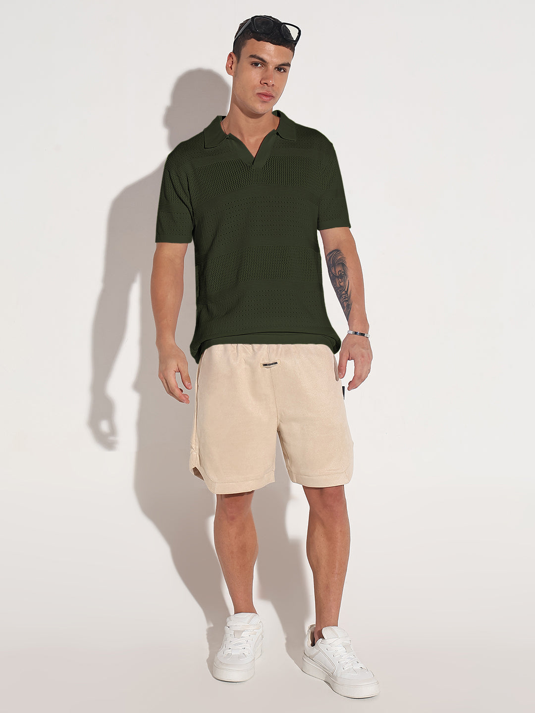 Men’s Textured Striped Green Knitted Short Sleeve Polo T-Shirt