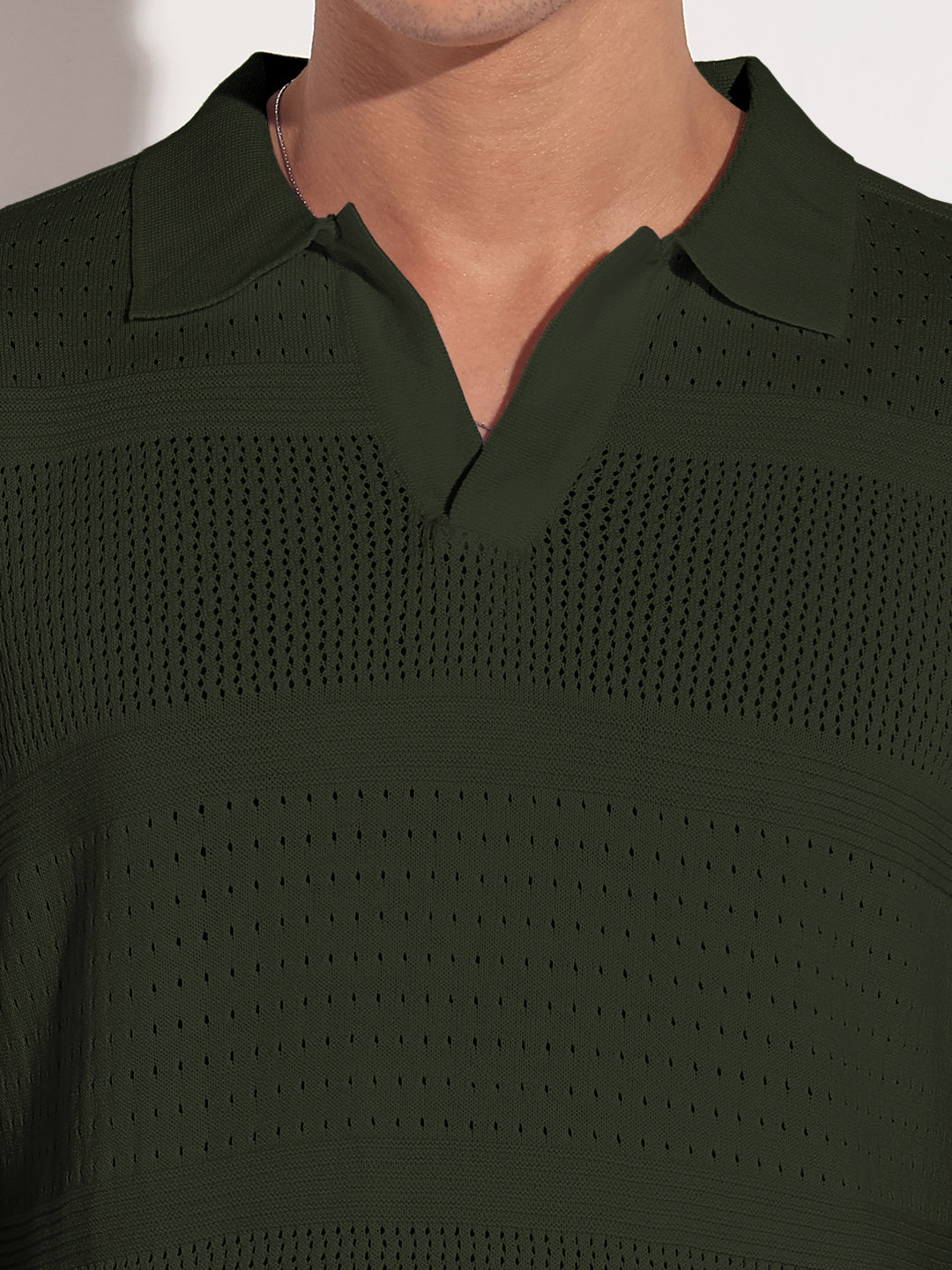 Men’s Textured Striped Green Knitted Short Sleeve Polo T-Shirt