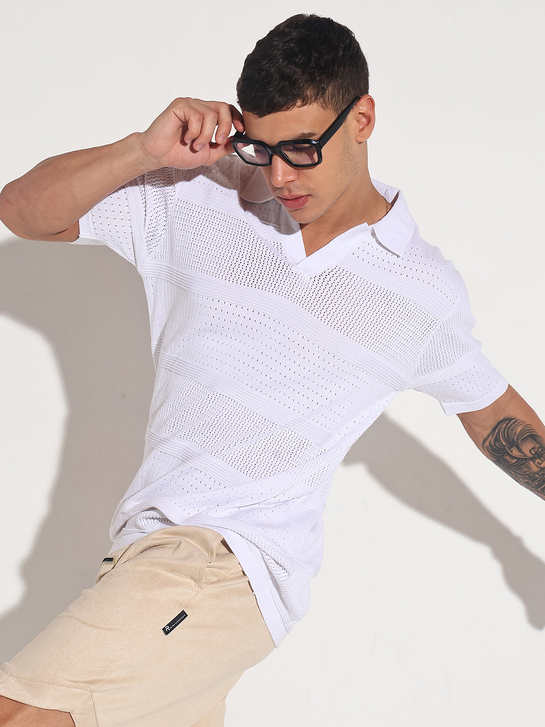 Men’s Textured Striped White Knitted Short Sleeve Polo T-Shirt