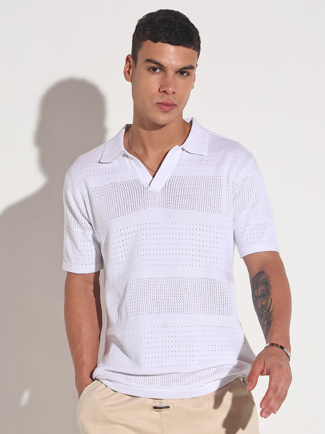 Men’s Textured Striped White Knitted Short Sleeve Polo T-Shirt