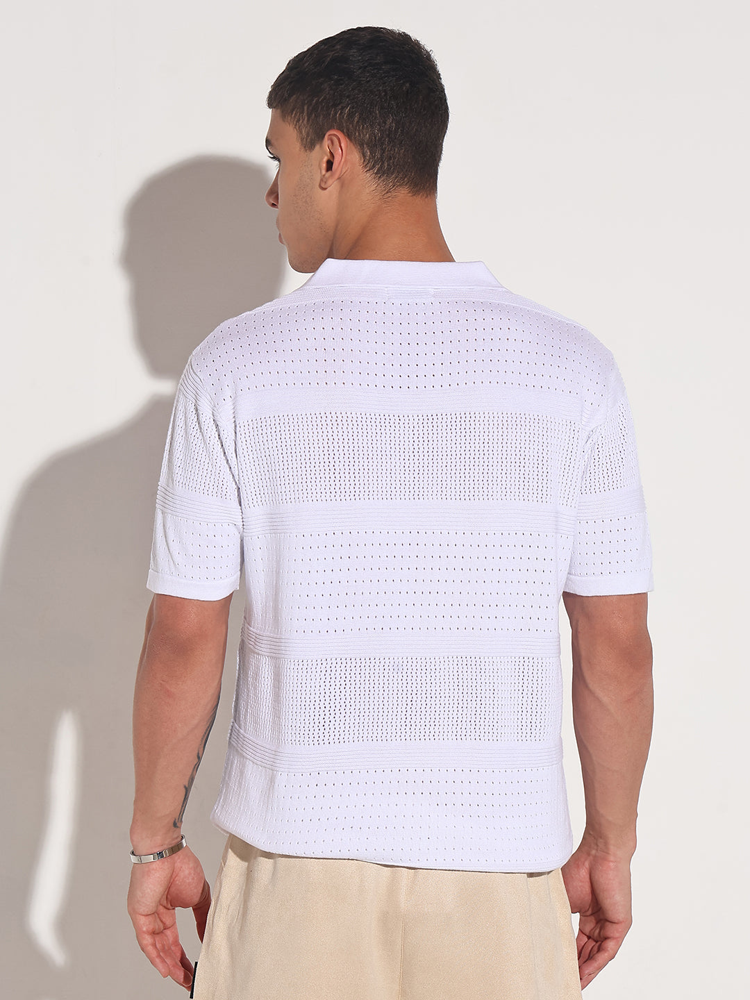 Men’s Textured Striped White Knitted Short Sleeve Polo T-Shirt