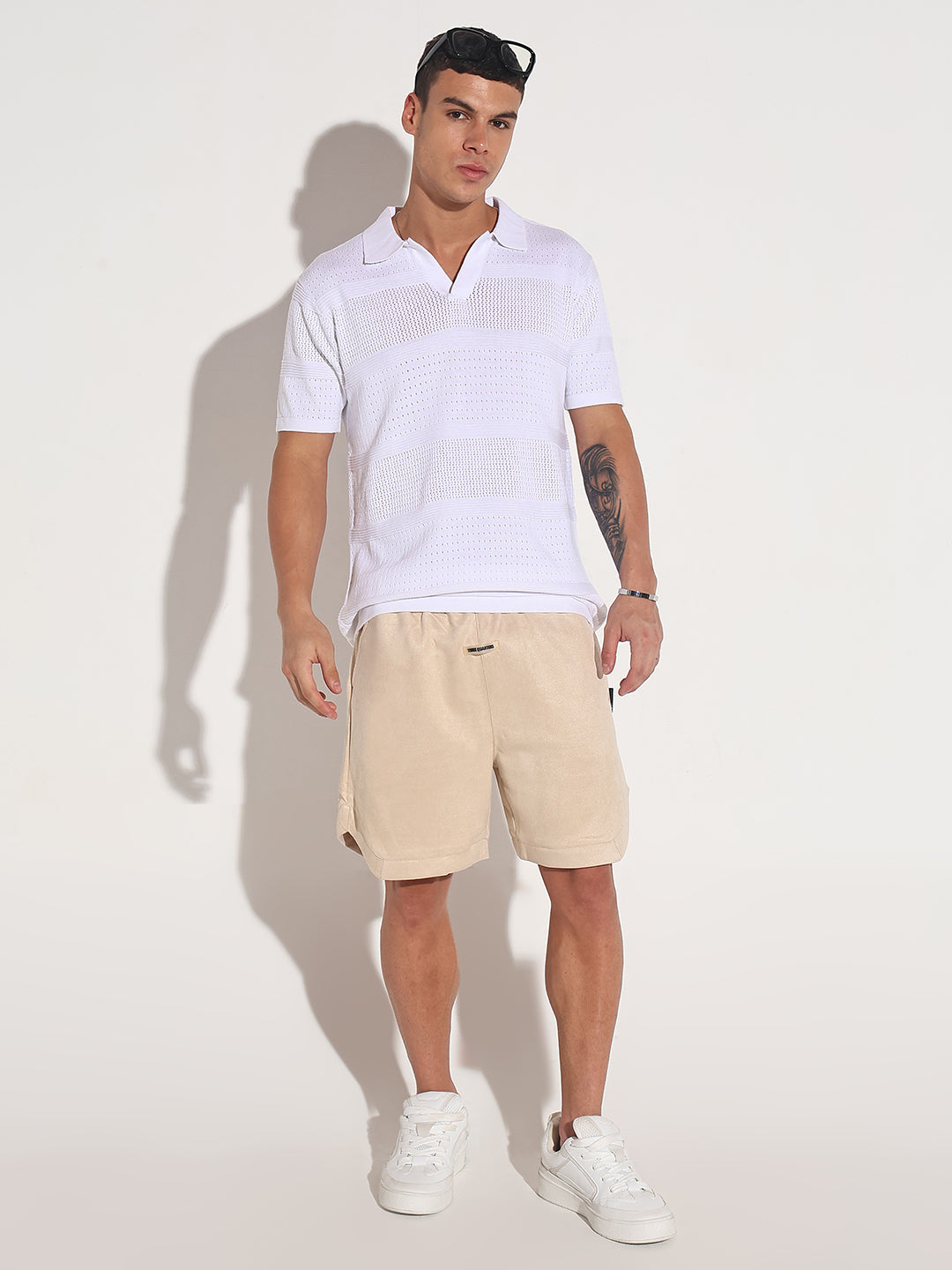 Men’s Textured Striped White Knitted Short Sleeve Polo T-Shirt