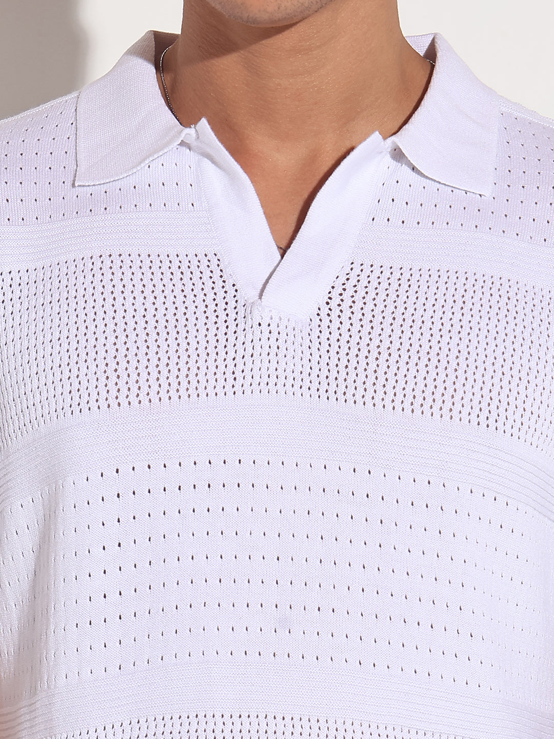 Men’s Textured Striped White Knitted Short Sleeve Polo T-Shirt