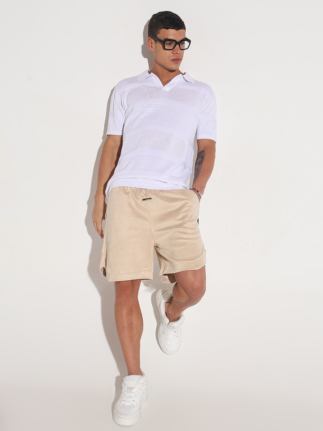 Men’s Textured Striped White Knitted Short Sleeve Polo T-Shirt