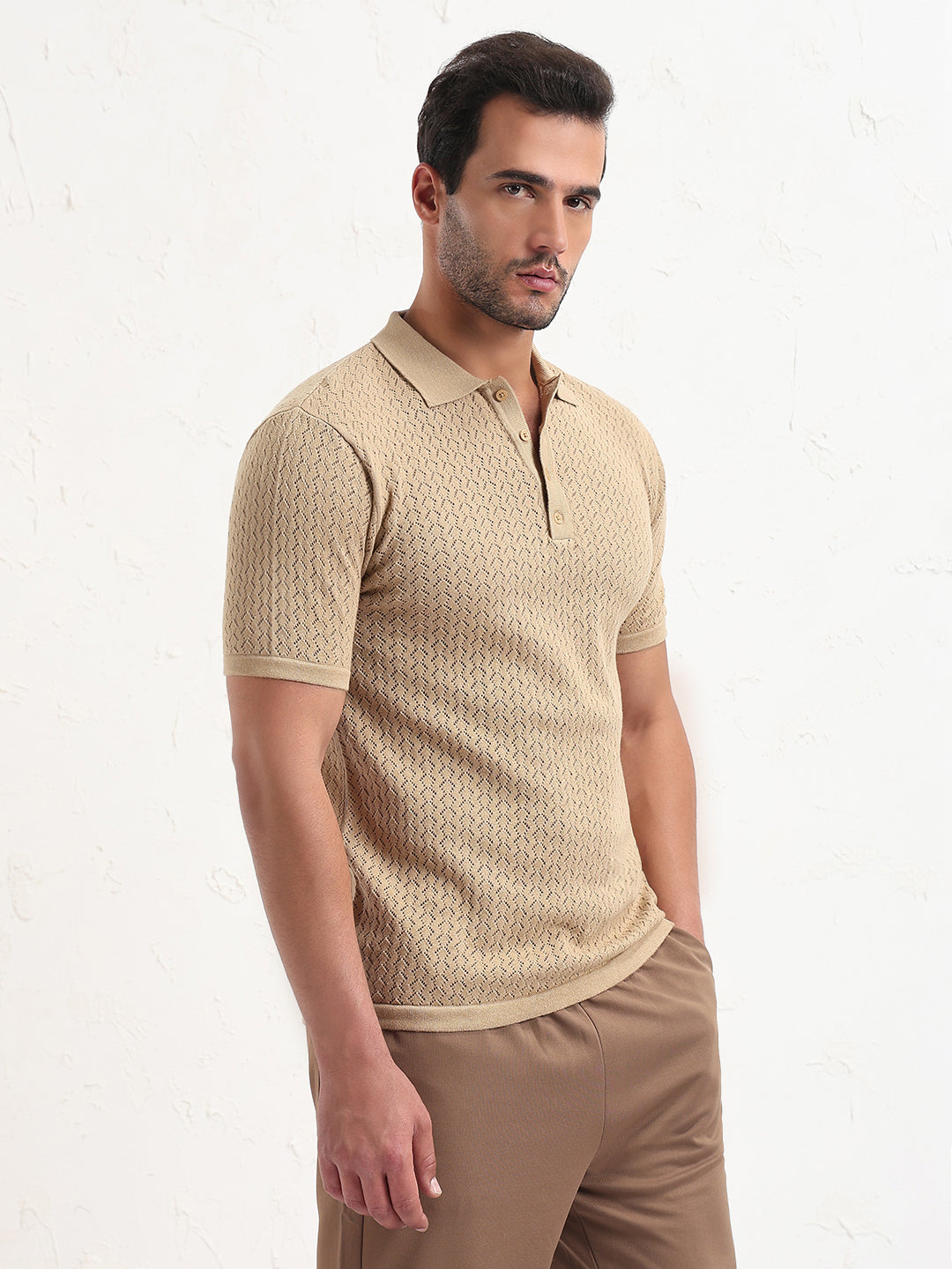 Men's Beige Solid Polo Collar T-Shirt