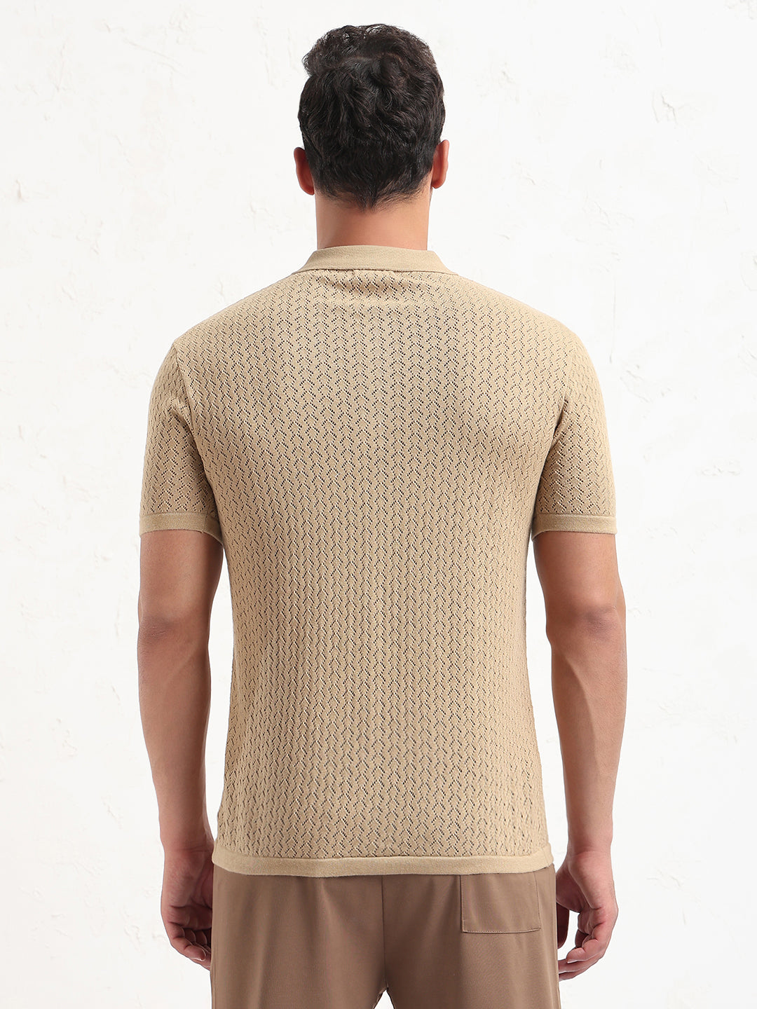 Men's Beige Solid Polo Collar T-Shirt