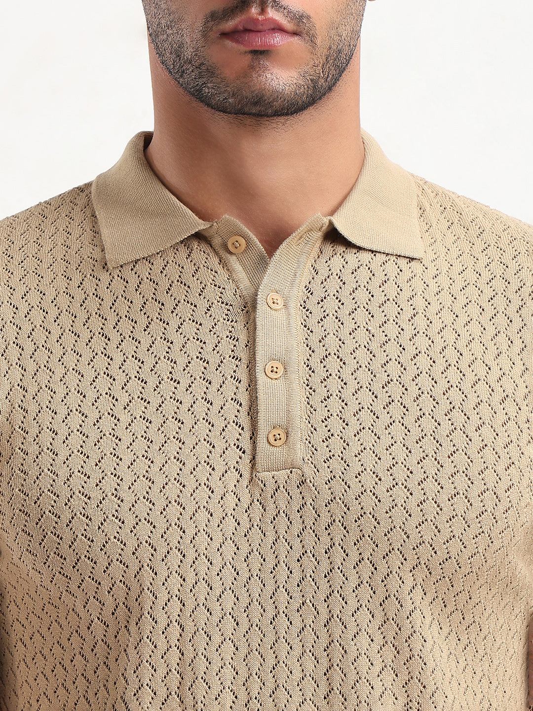 Men's Beige Solid Polo Collar T-Shirt