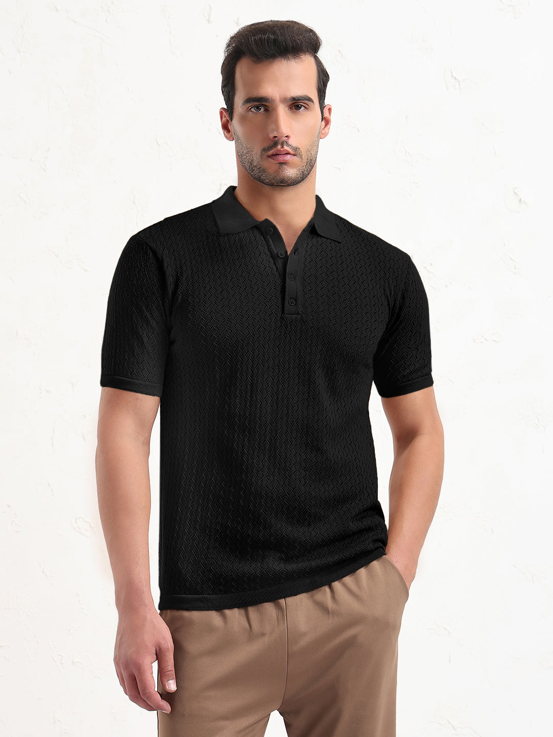 Men's Textured Black Short Sleeve Polo T-Shirt