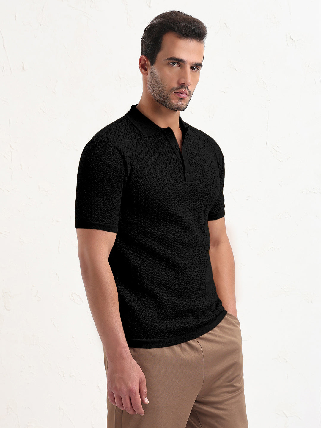 Men's Textured Black Short Sleeve Polo T-Shirt