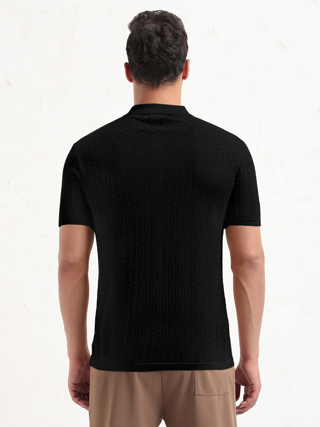 Men's Textured Black Short Sleeve Polo T-Shirt