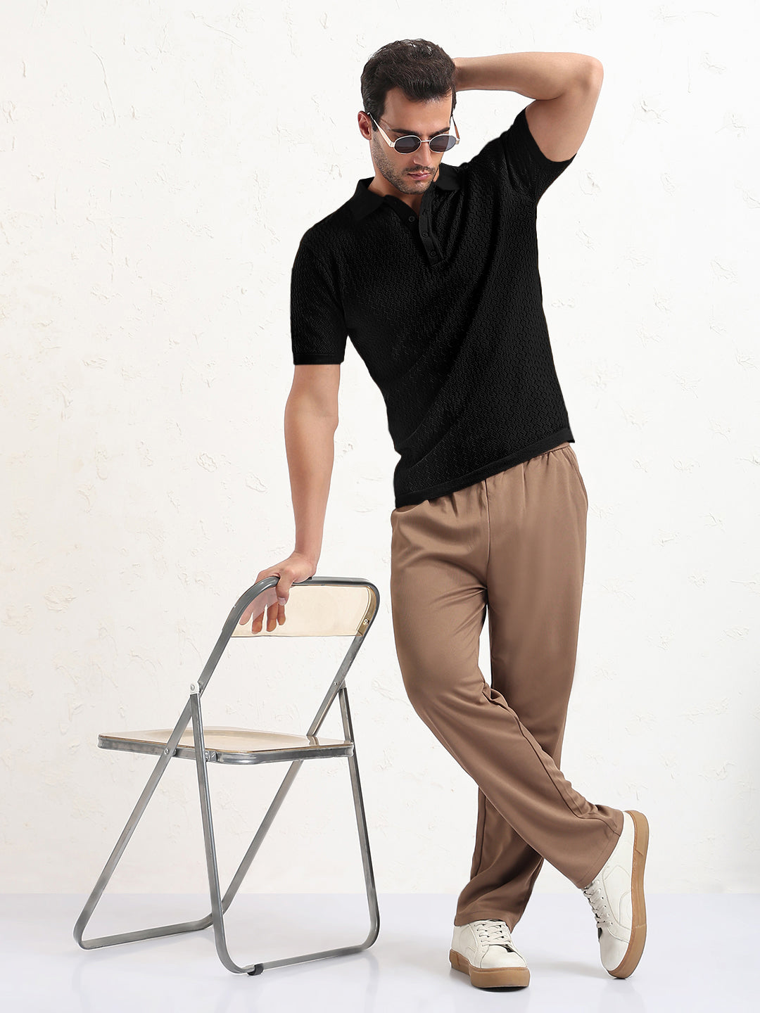 Men's Textured Black Short Sleeve Polo T-Shirt