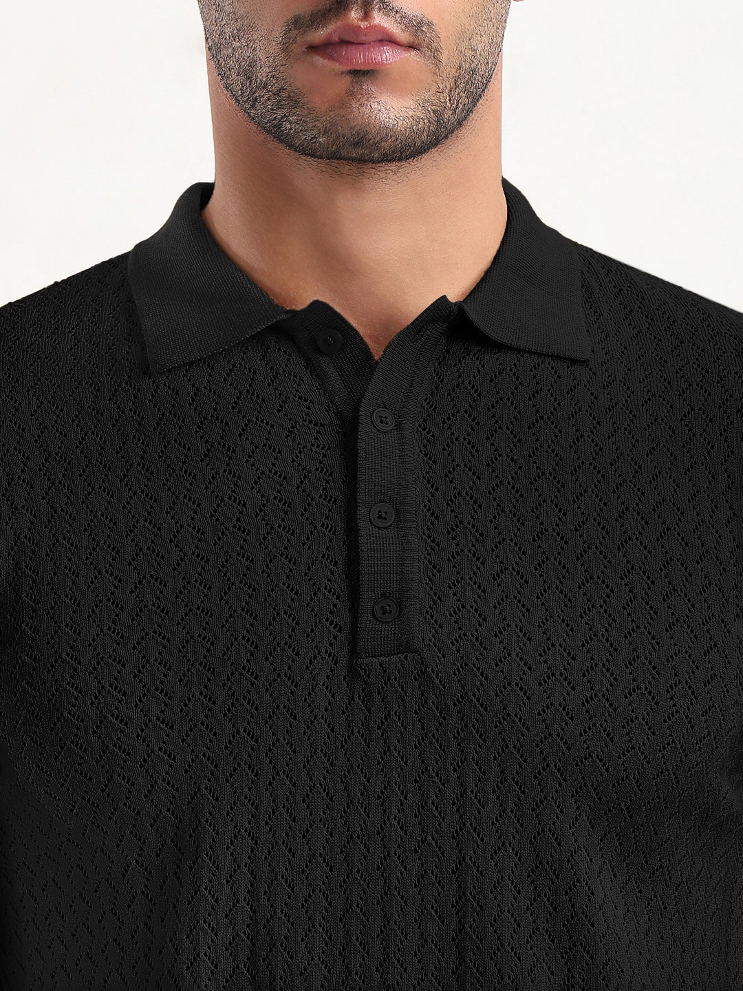 Men's Textured Black Short Sleeve Polo T-Shirt