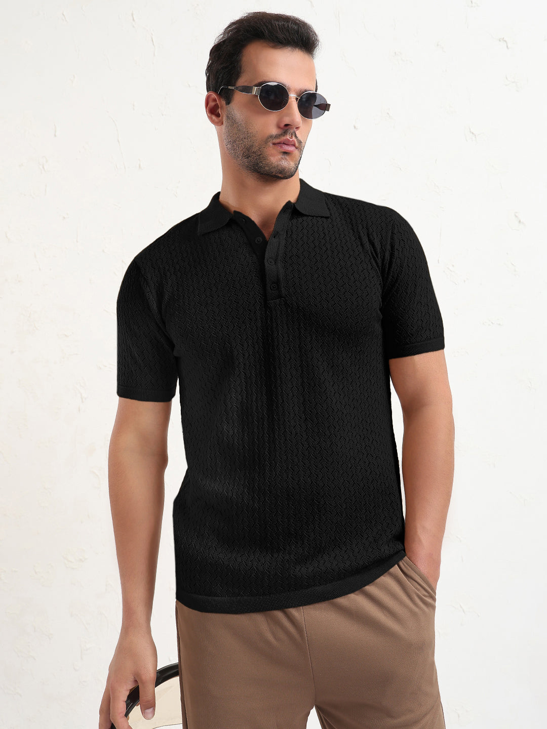 Men's Textured Black Short Sleeve Polo T-Shirt