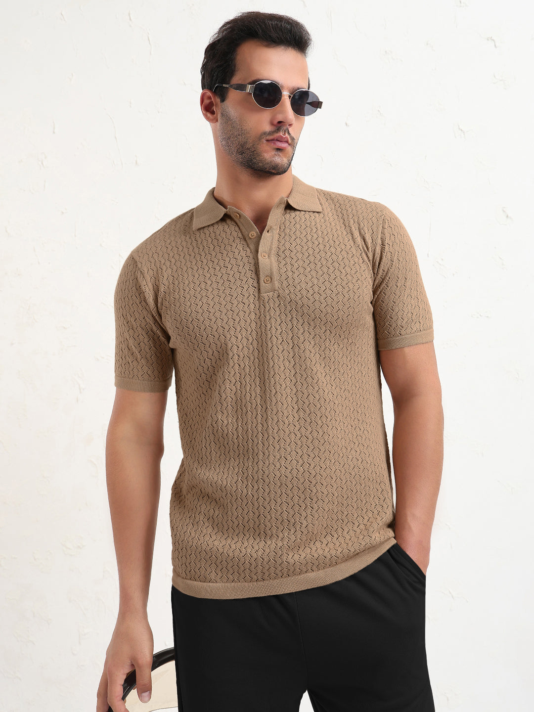 Men's Textured Brown Short Sleeve Polo T-Shirt