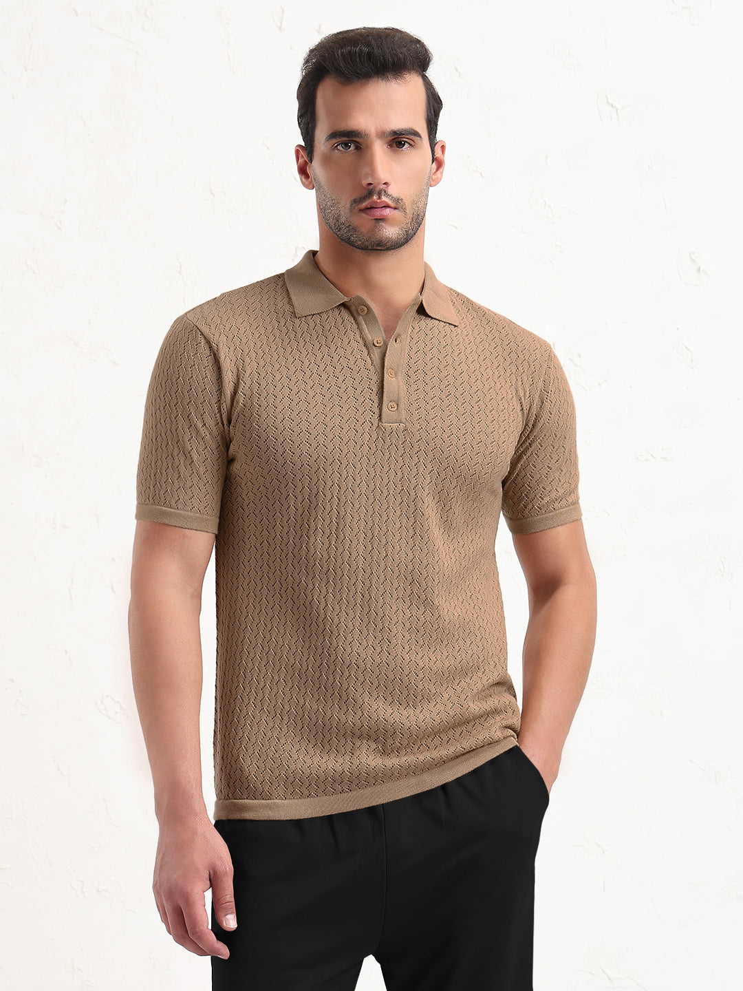 Men's Textured Brown Short Sleeve Polo T-Shirt