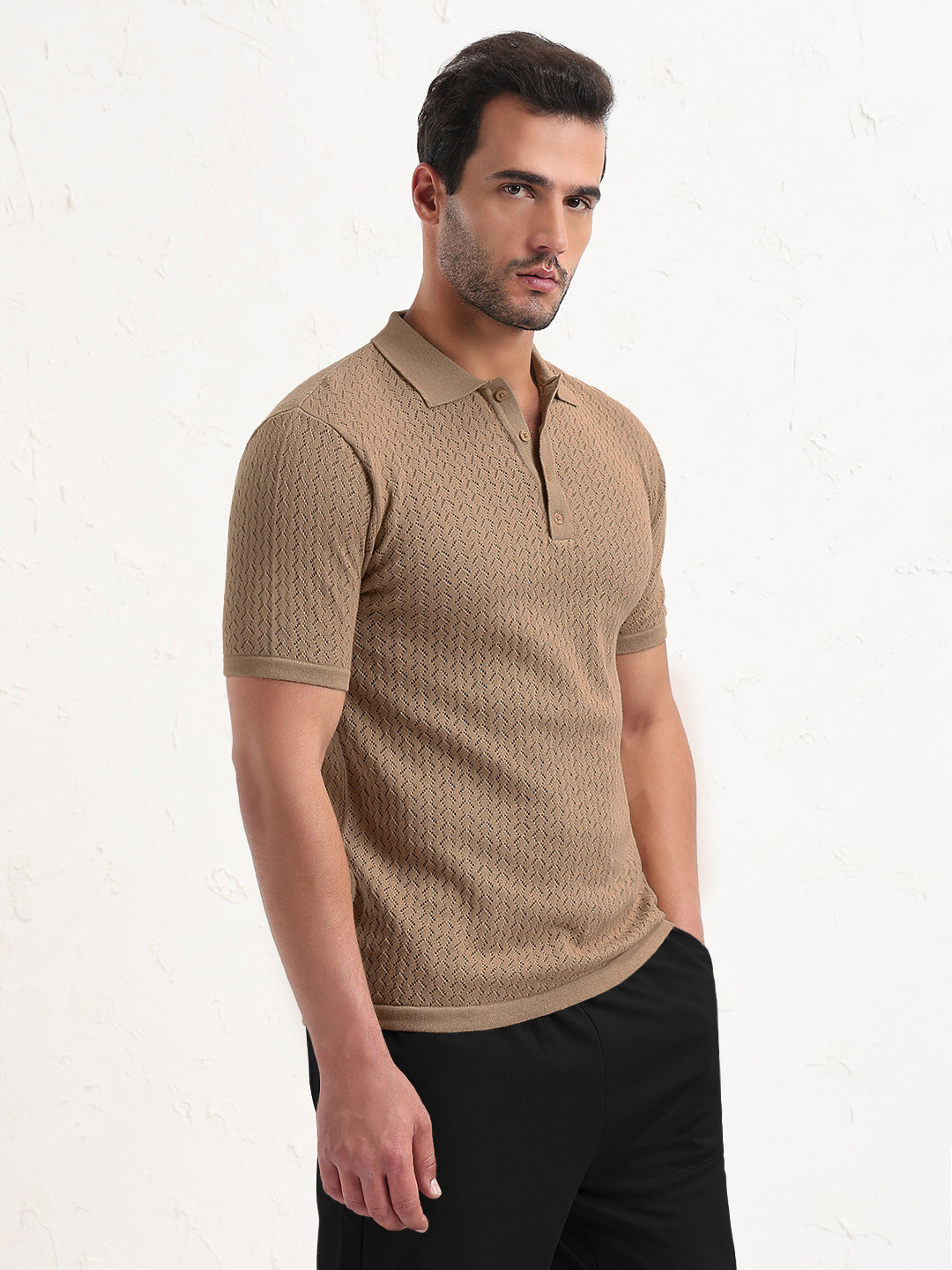 Men's Textured Brown Short Sleeve Polo T-Shirt