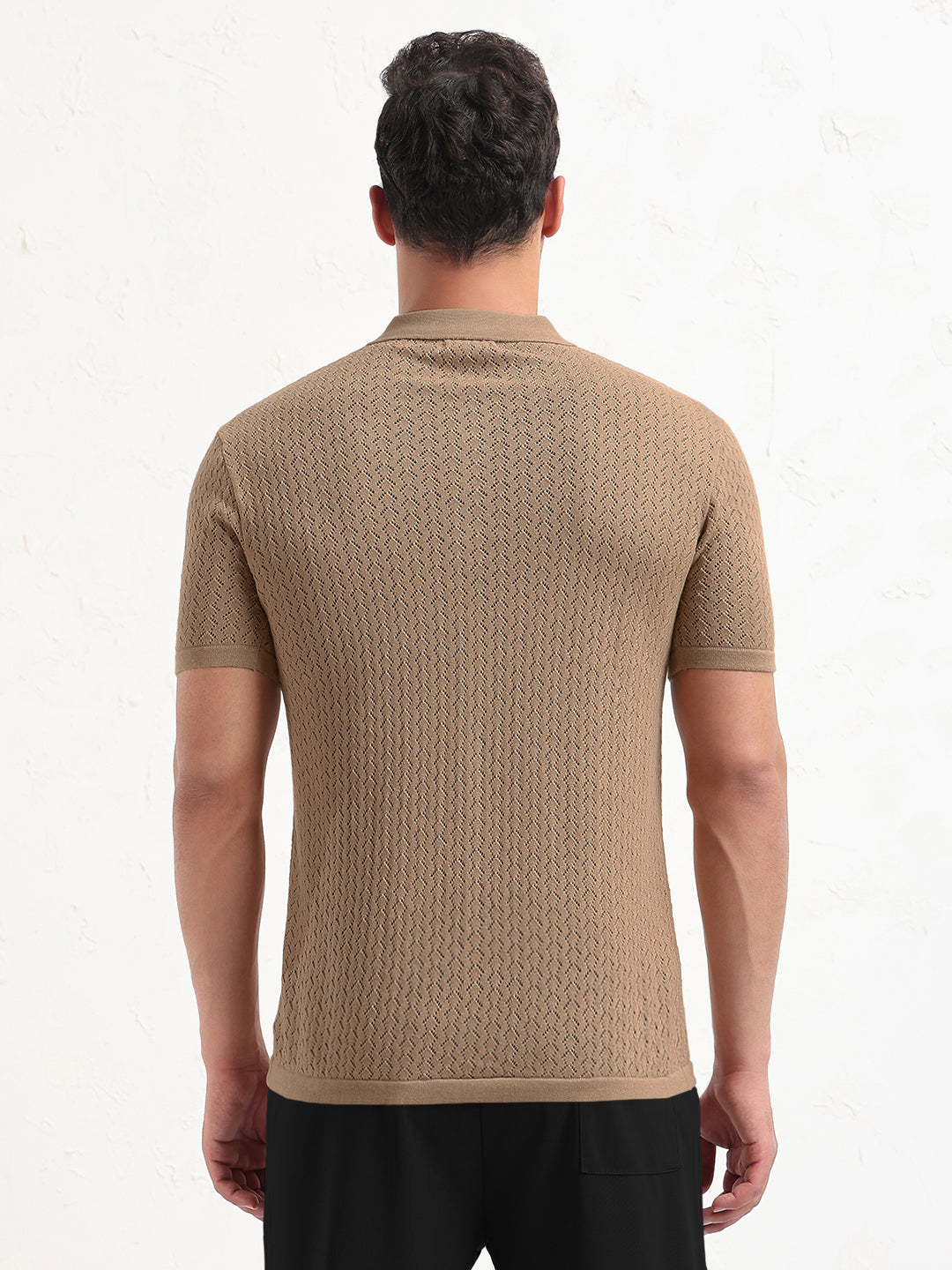 Men's Textured Brown Short Sleeve Polo T-Shirt