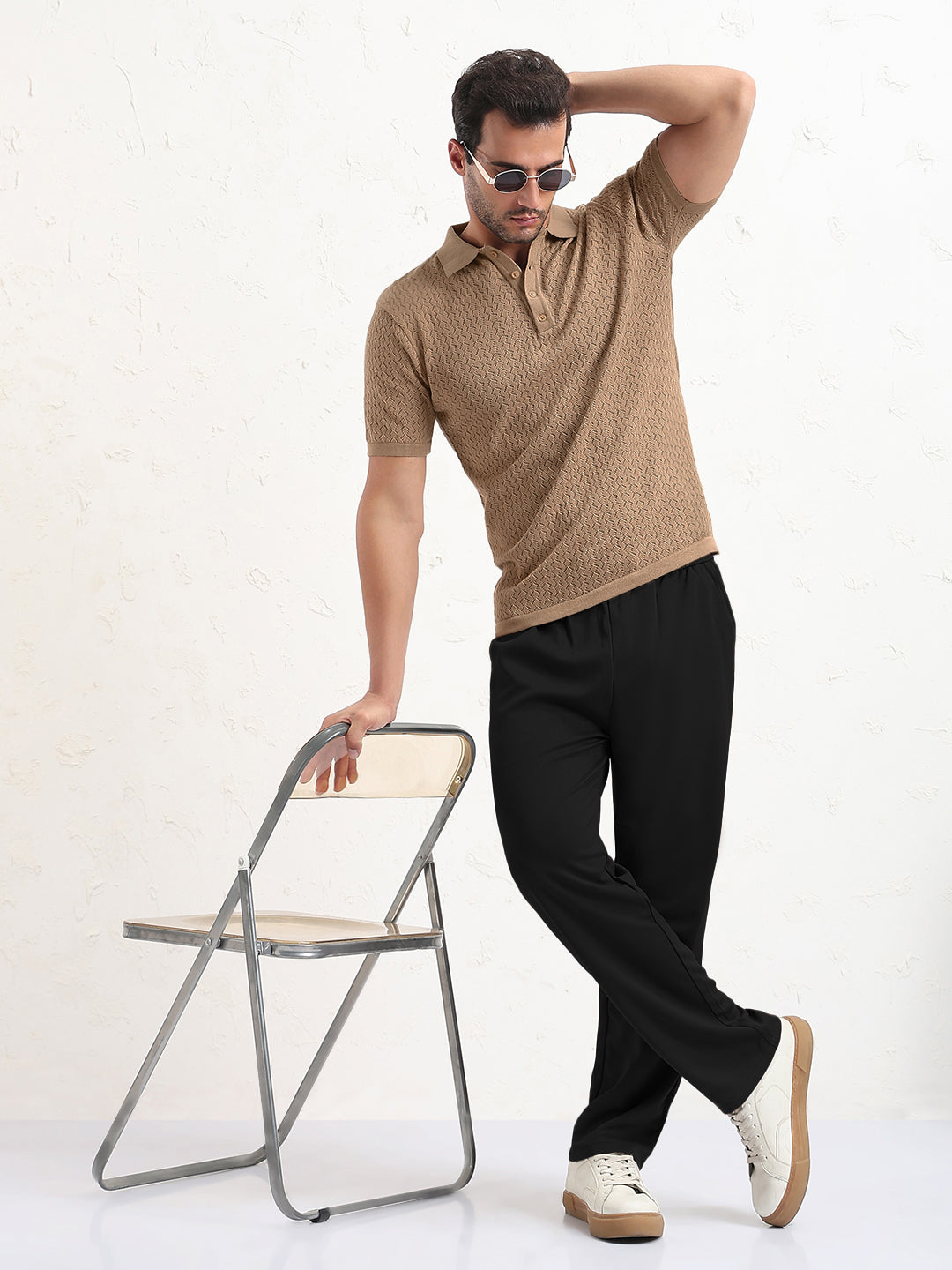 Men's Textured Brown Short Sleeve Polo T-Shirt