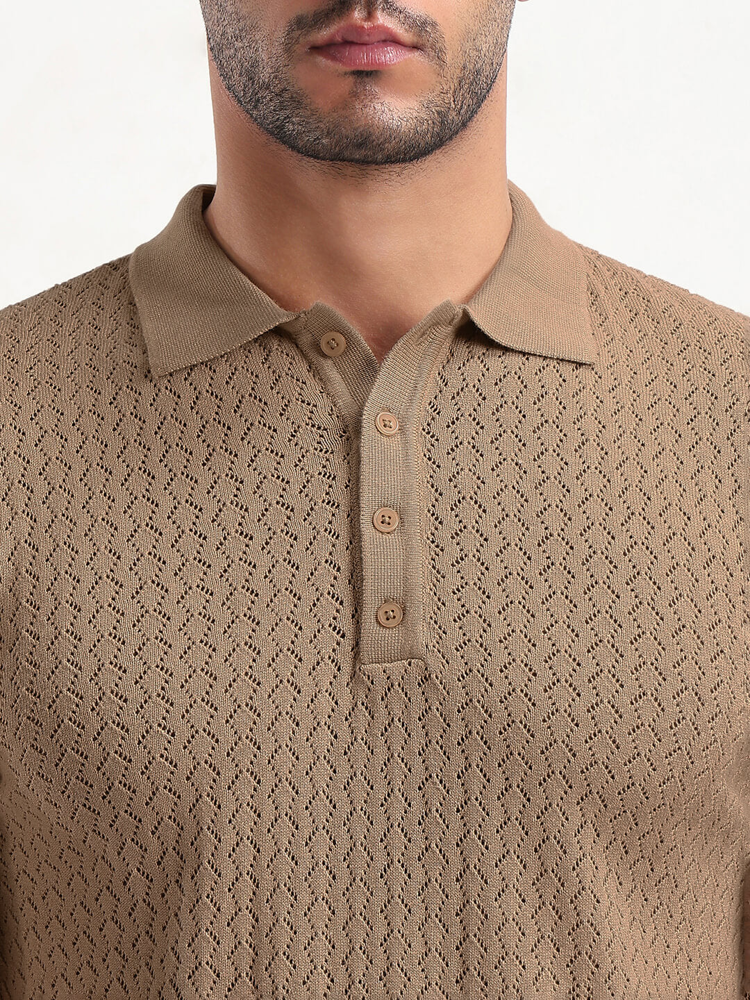 Men's Textured Brown Short Sleeve Polo T-Shirt
