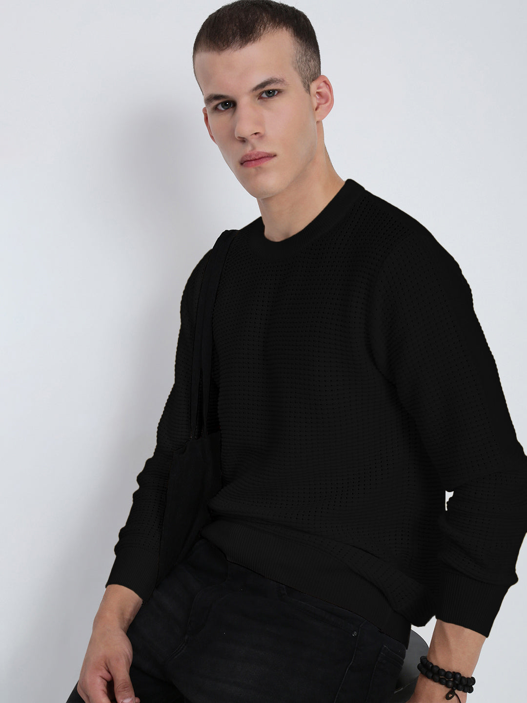 Men's Textured Black Ribbed Crew Neck Sweater