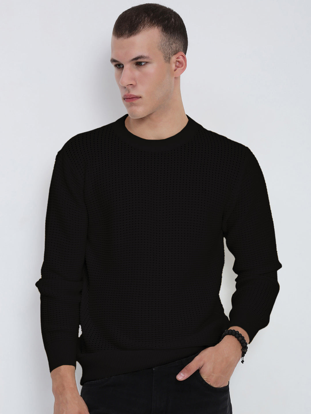 Men's Textured Black Ribbed Crew Neck Sweater