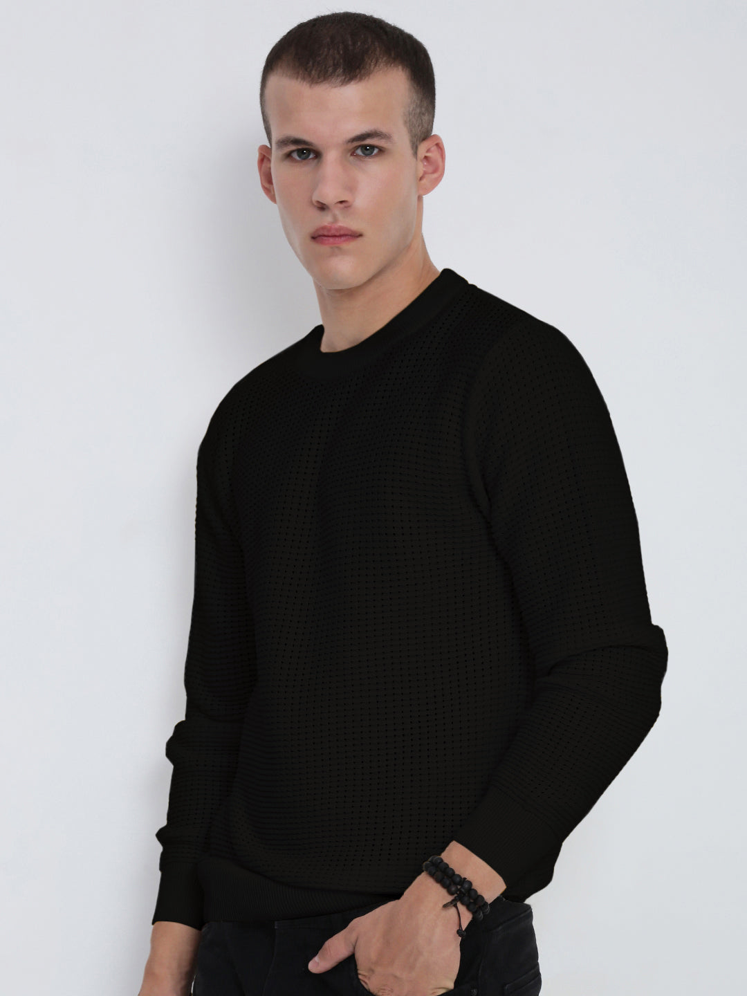 Men's Textured Black Ribbed Crew Neck Sweater