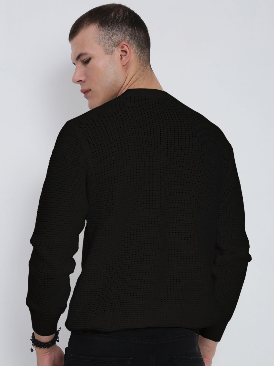 Men's Textured Black Ribbed Crew Neck Sweater
