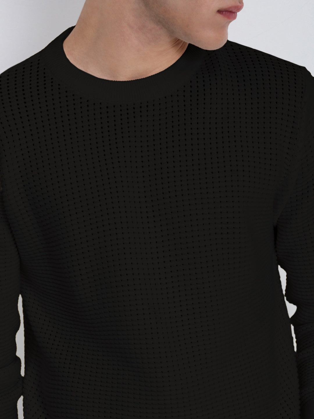 Men's Textured Black Ribbed Crew Neck Sweater