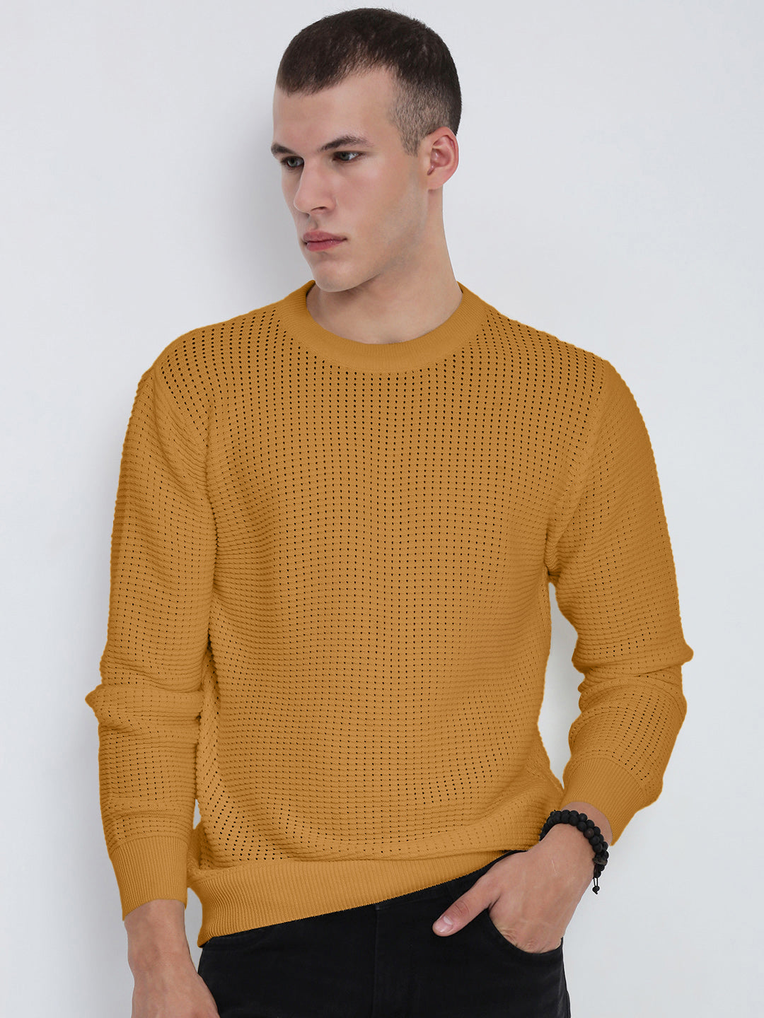 Men's Textured Mustard Ribbed Crew Neck Sweater
