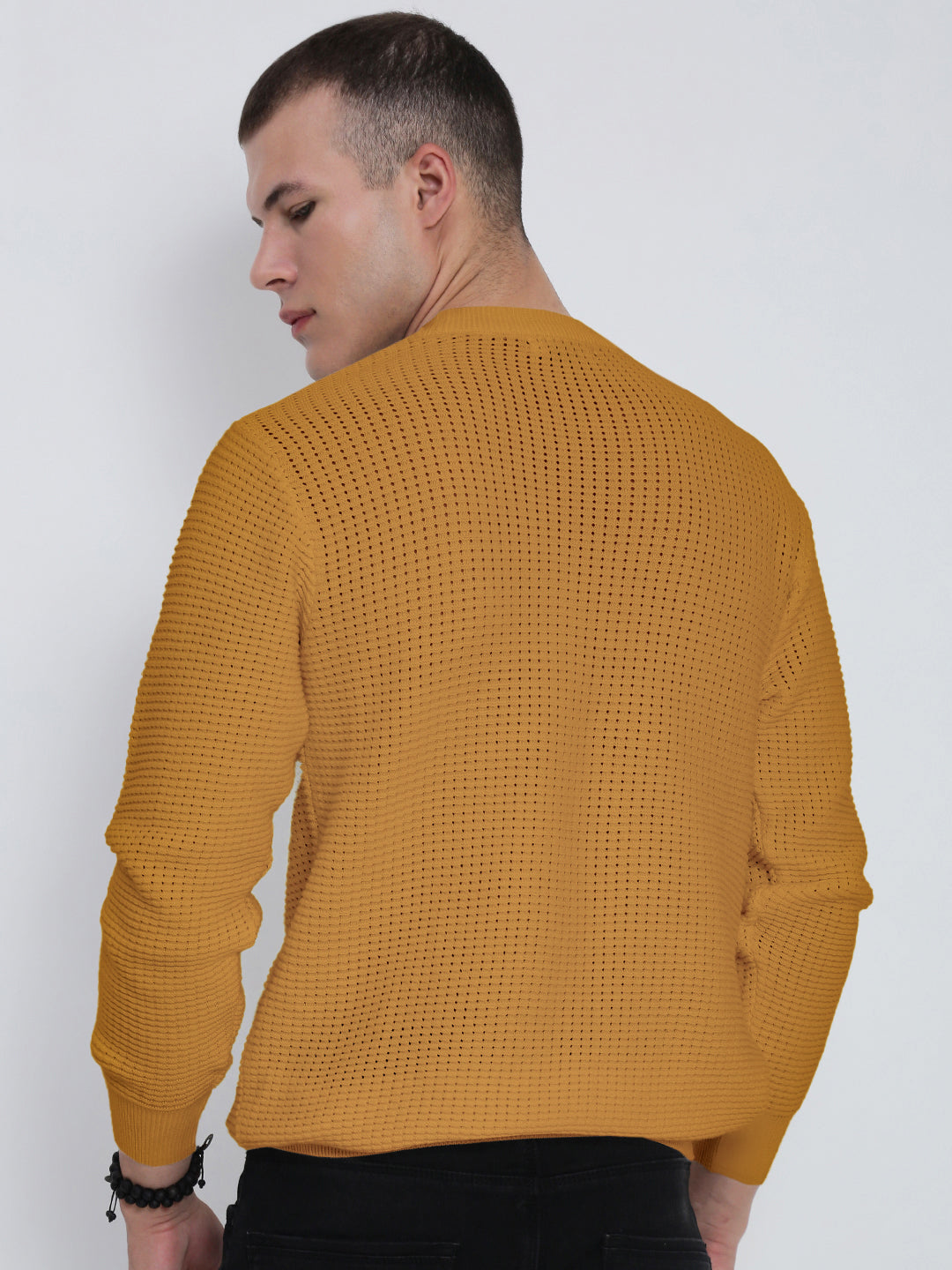 Men's Textured Mustard Ribbed Crew Neck Sweater