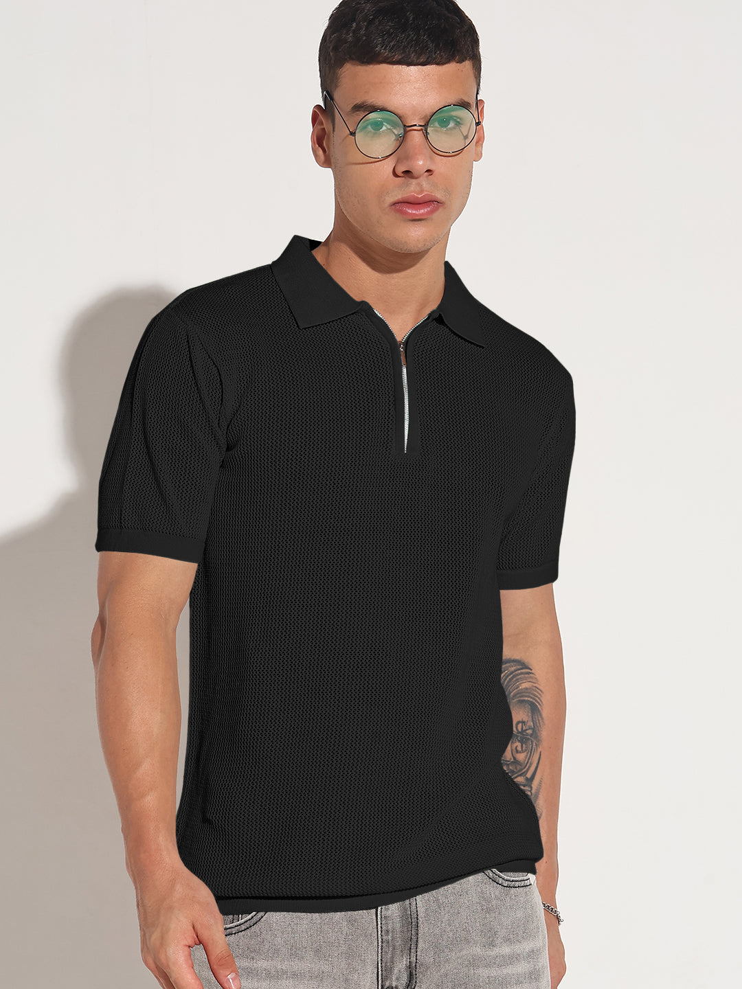 Men’s Textured Black Short Sleeve Semi Sheer Polo T-Shirt with Zipper Detail