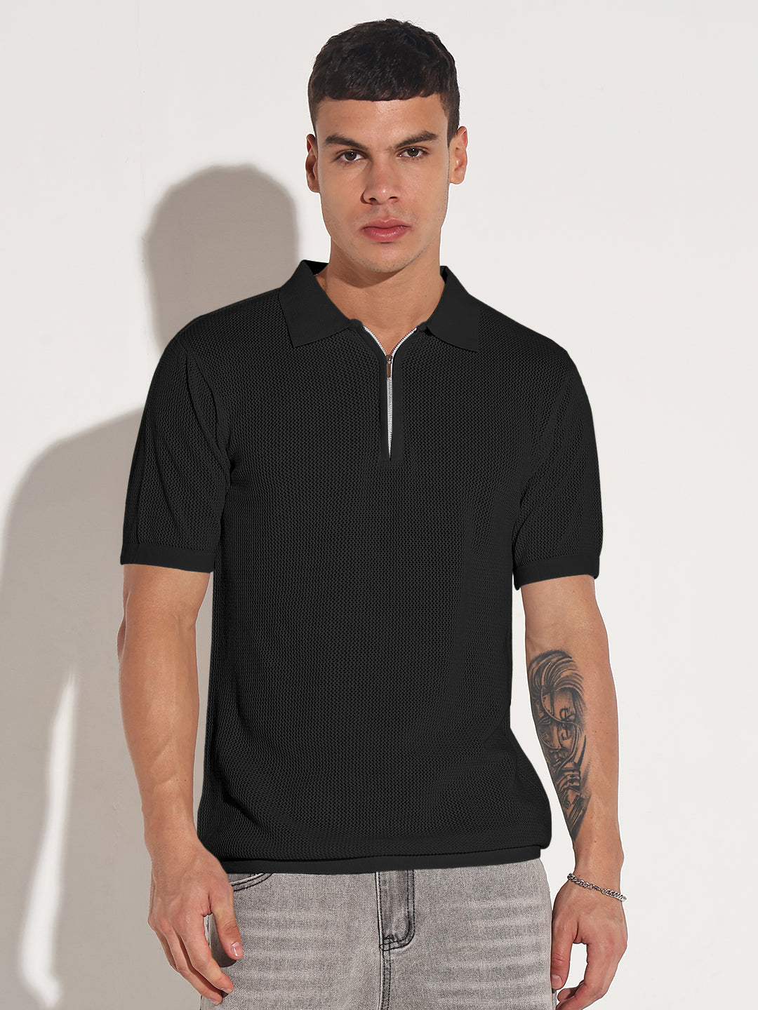 Men’s Textured Black Short Sleeve Semi Sheer Polo T-Shirt with Zipper Detail