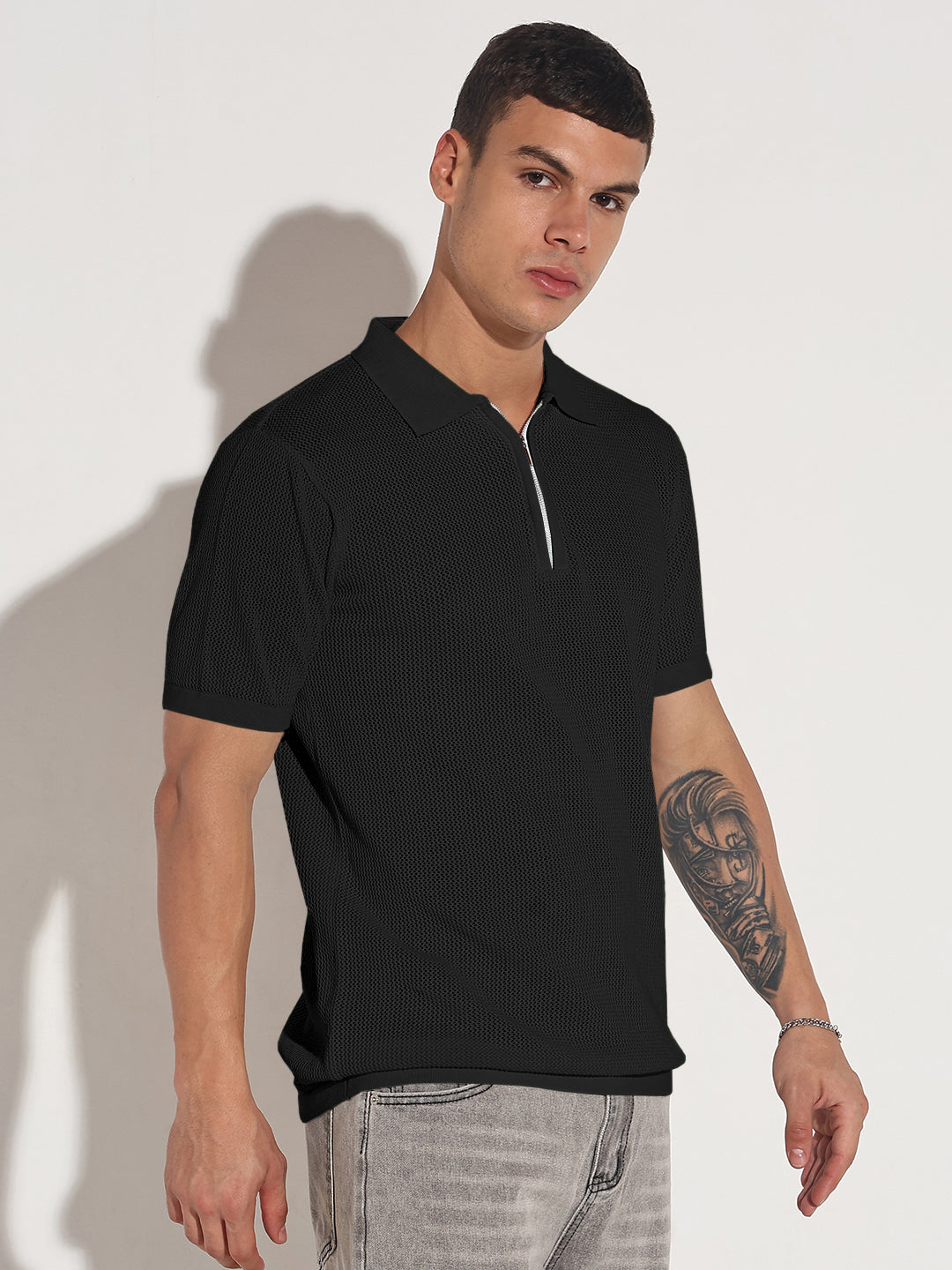 Men’s Textured Black Short Sleeve Semi Sheer Polo T-Shirt with Zipper Detail