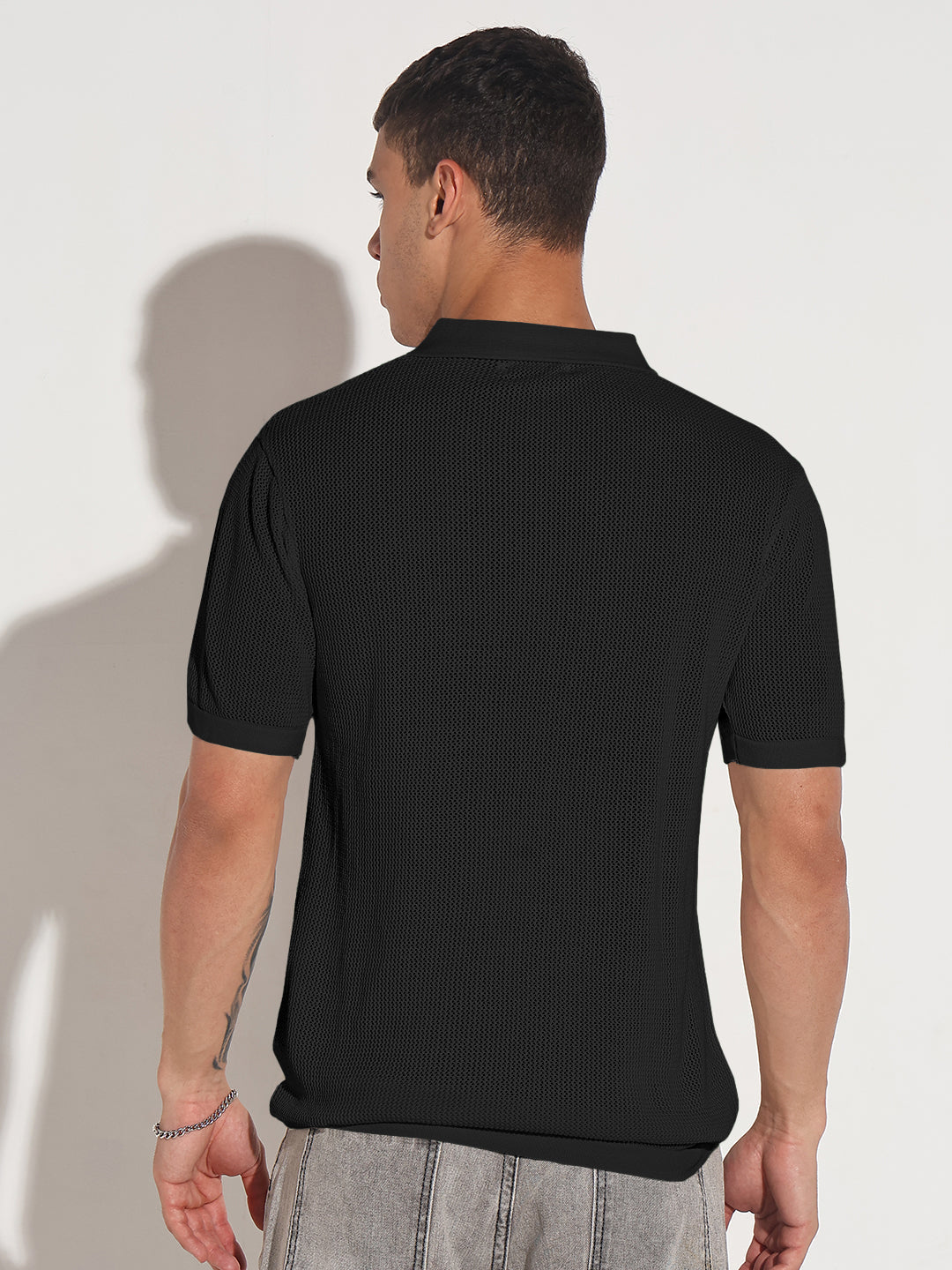 Men’s Textured Black Short Sleeve Semi Sheer Polo T-Shirt with Zipper Detail