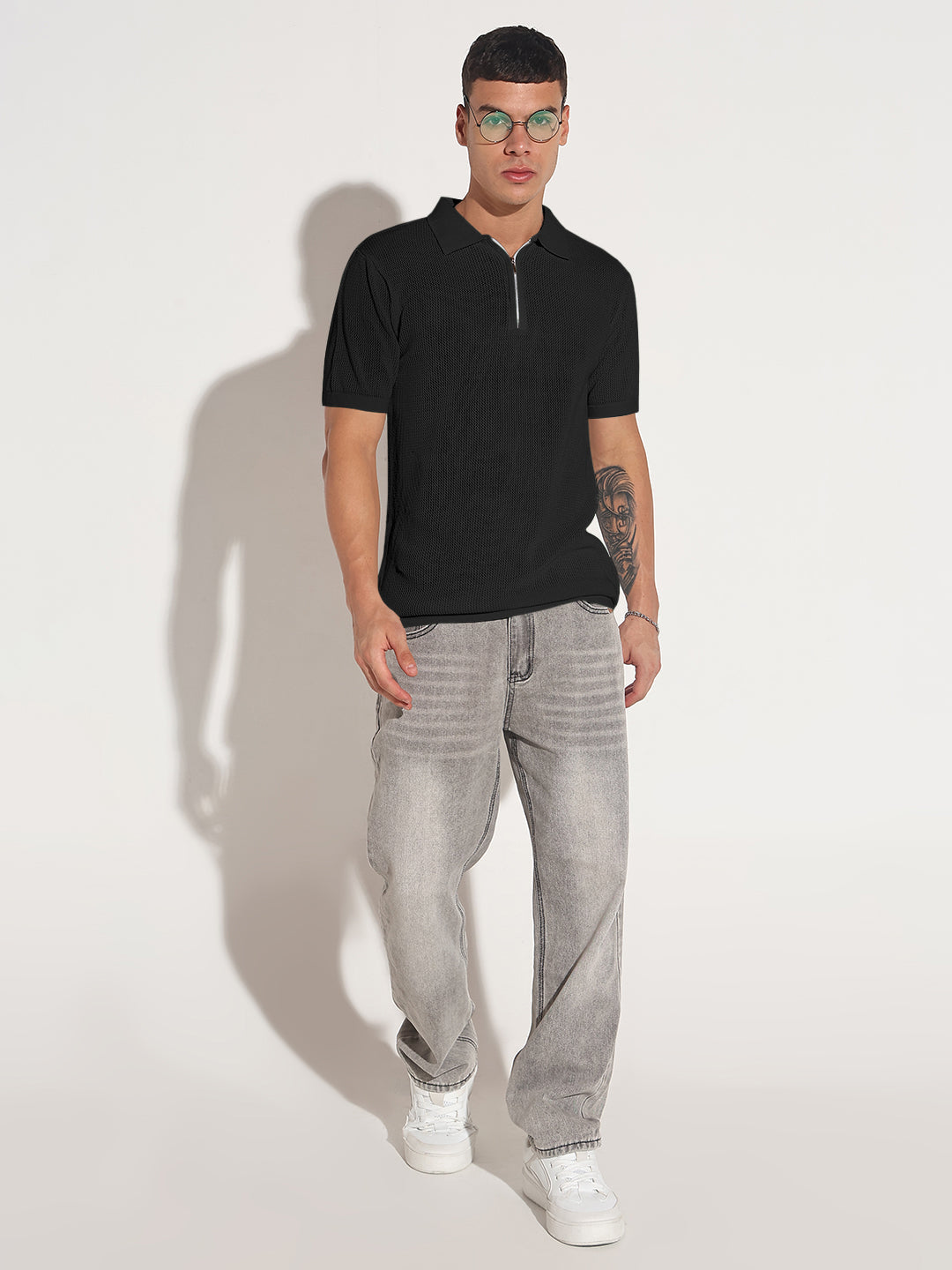 Men’s Textured Black Short Sleeve Semi Sheer Polo T-Shirt with Zipper Detail