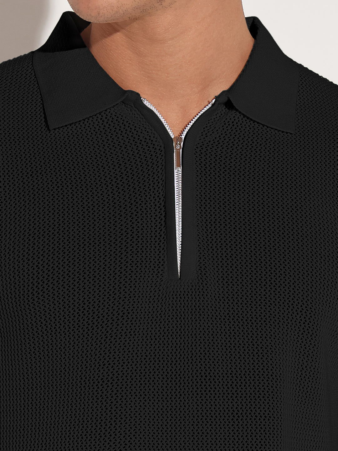 Men’s Textured Black Short Sleeve Semi Sheer Polo T-Shirt with Zipper Detail