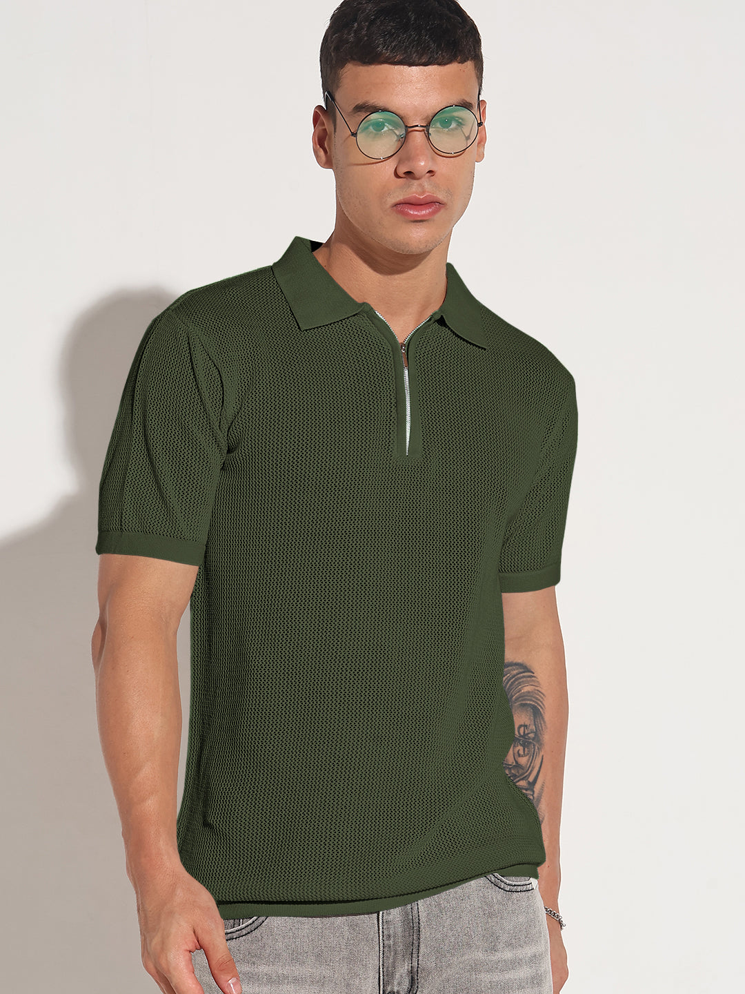 Men’s Textured Green Short Sleeve Semi Sheer Polo T-Shirt with Zipper Detail