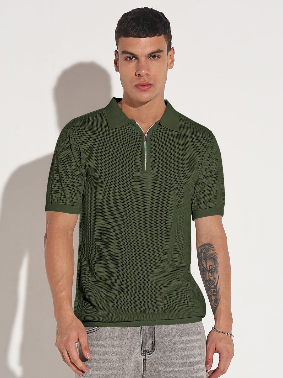 Men’s Textured Green Short Sleeve Semi Sheer Polo T-Shirt with Zipper Detail