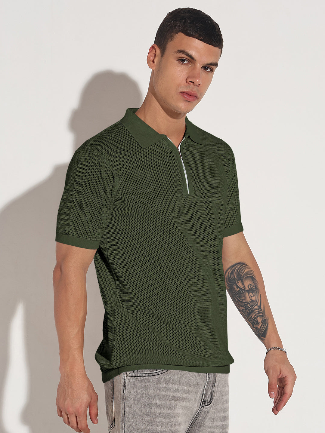 Men’s Textured Green Short Sleeve Semi Sheer Polo T-Shirt with Zipper Detail