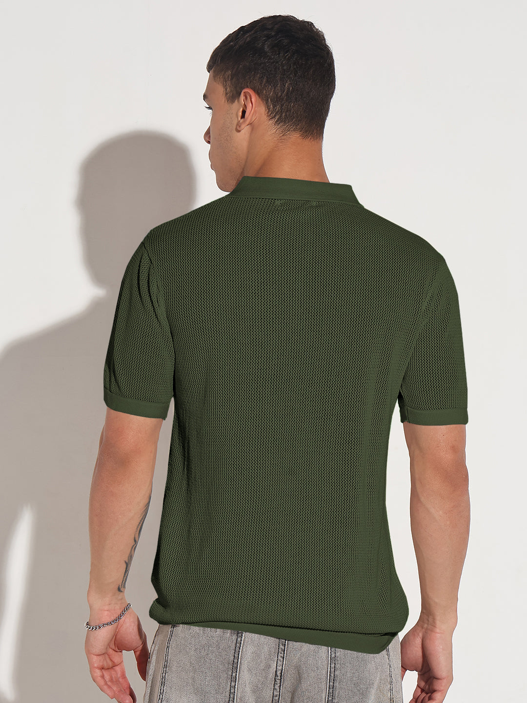 Men’s Textured Green Short Sleeve Semi Sheer Polo T-Shirt with Zipper Detail