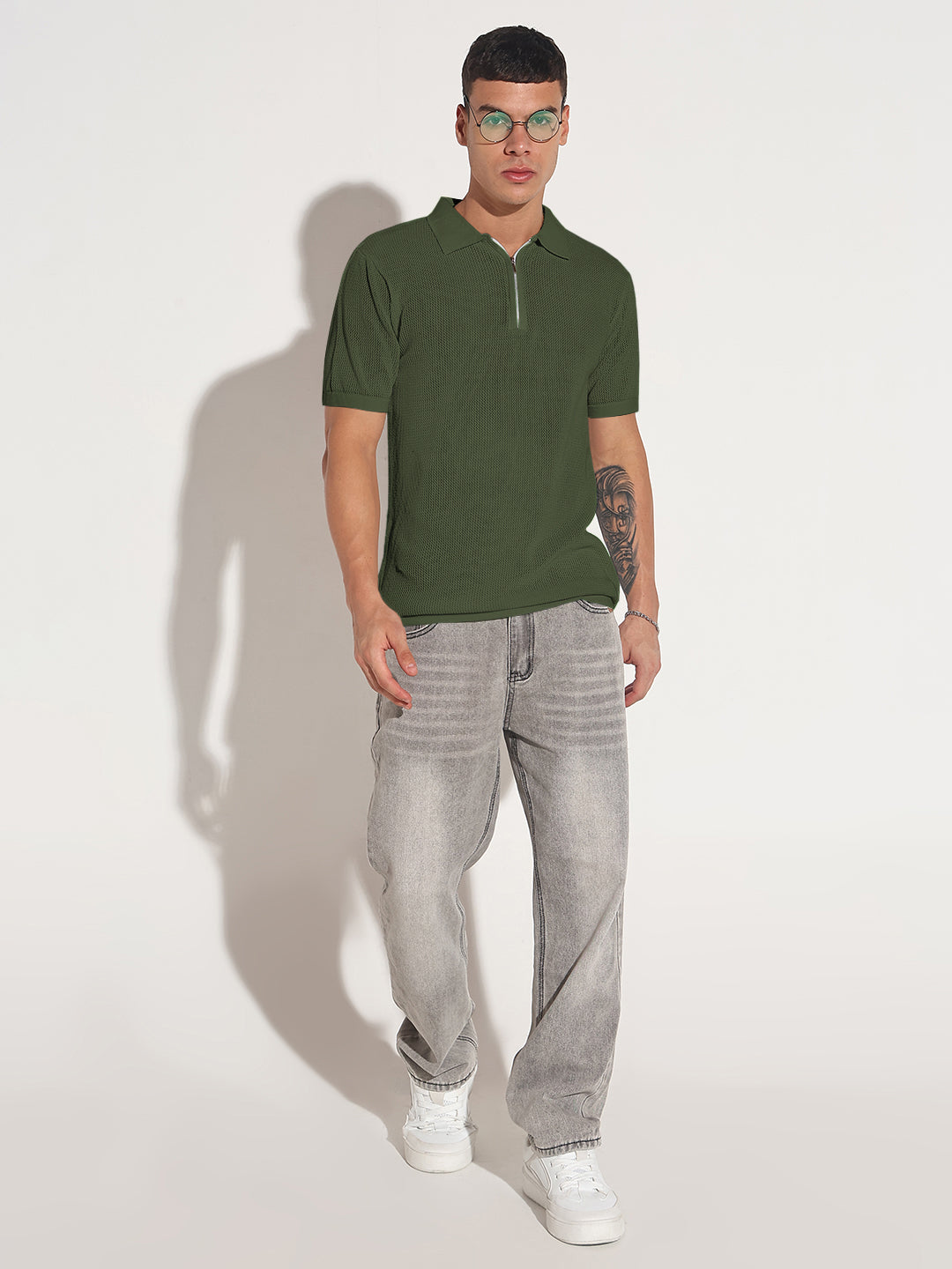 Men’s Textured Green Short Sleeve Semi Sheer Polo T-Shirt with Zipper Detail